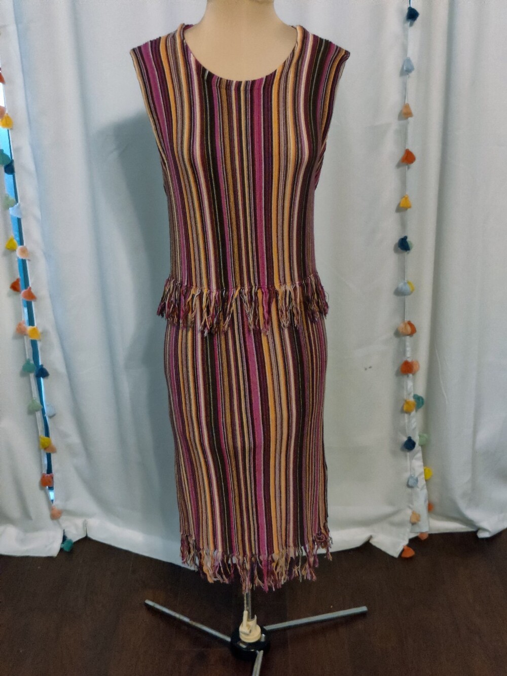 Marie Oliver Summer Sweater Dress so soft Stripes Fringe Bold Colors Midi SM